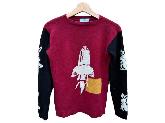 Pull en maille en laine Prada avec motif fusée Noir Blanc Rouge Jaune