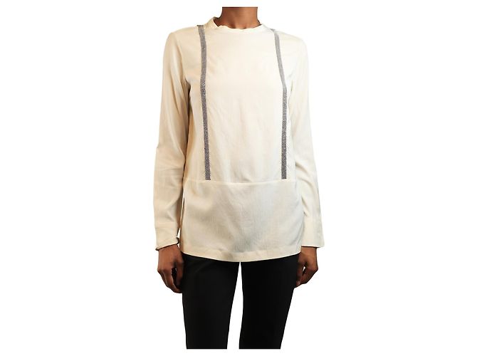 Brunello Cucinelli Beige silk beaded front long-sleeve top - size S
