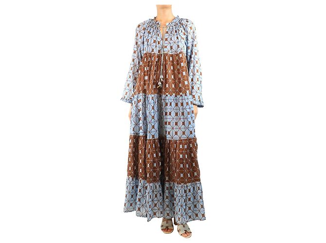 Yvonne S Vestido maxi estampado de algodón azul y marrón - talla M