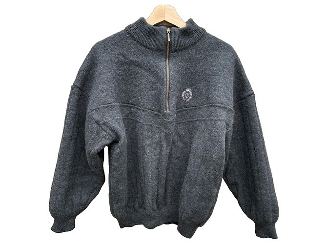 Autre Marque Oscar Jacobson Herren Wollpullover Dunkelgrau 1/4 Zip Anthrazitgrau