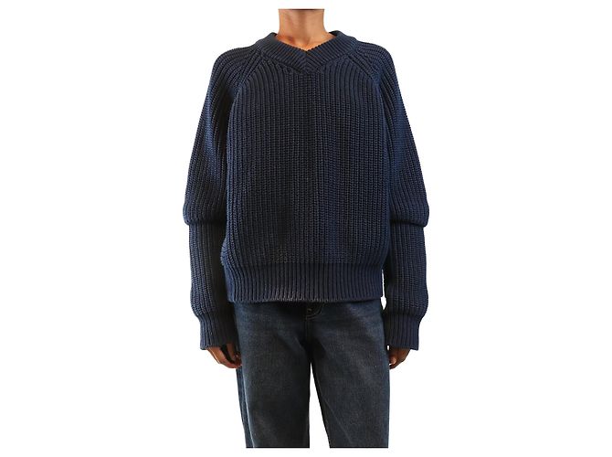 Autre Marque Navy gerippter V-Ausschnitt-Pullover - Größe S Marineblau 