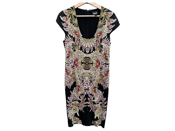 Just Cavalli Schwarzes Kleid mit Baroque-Print Mehrfarben Golden