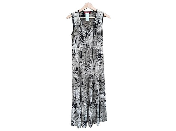 Max Mara Studio Vestido Maxi de Seda Estampado Palmera Negro Beige