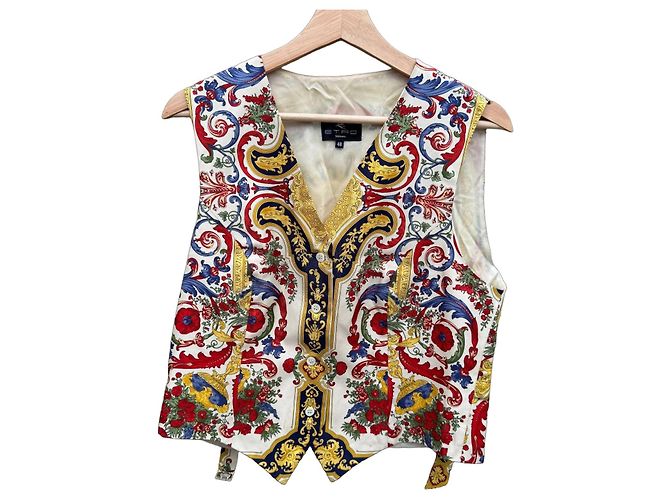 Chaleco de seda estampado barroco Etro Blanco Roja Azul Dorado