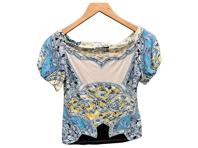 Roberto Cavalli Top Estampado Barroco Negro Blanco Azul Amarillo