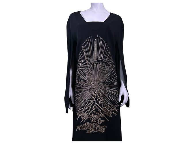 Stella Mc Cartney Stella McCartney Embroidered Mountain and Sun Black Dress Golden