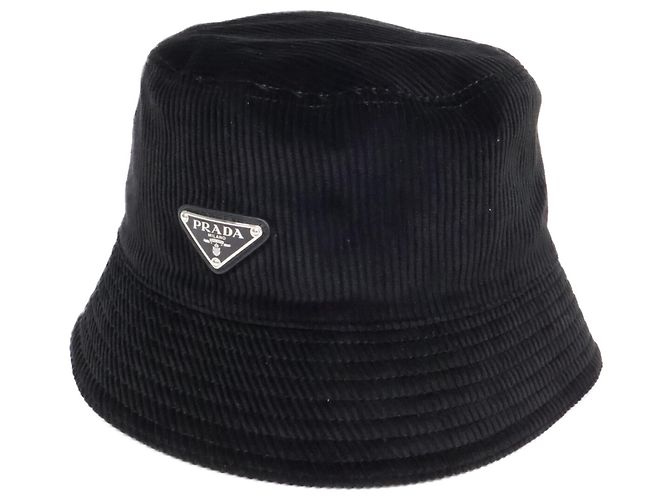 Cappello bucket in velluto a coste con logo Triangle Prada Nero