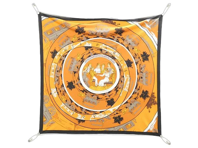 Hermès Hermes JEU DES OMNIBUS ET DAMES BLANCHES Lenço de seda liso Preto Branco Laranja