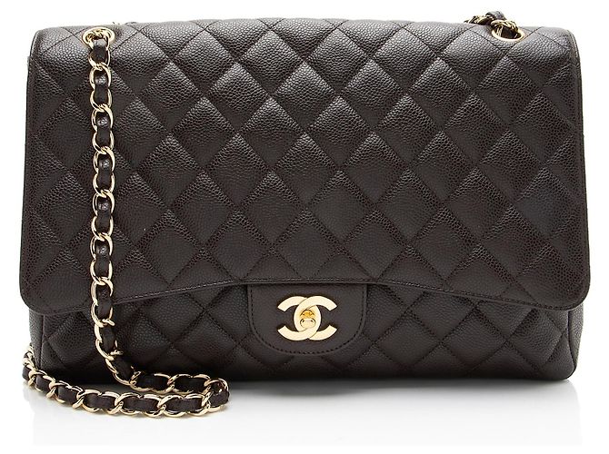 Gabrielle Borsa Chanel Classic Maxi Single Flap in pelle Caviar Marrone