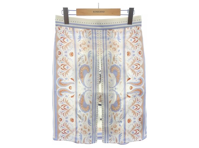 Hermès Hermes Seidenrock Weiß Blau Beige