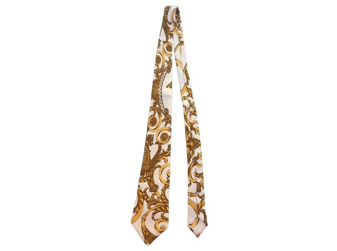 Hermès Silk Tie with Gold Baroque Pattern White Golden