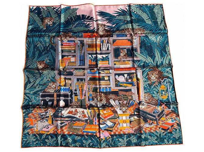 Hermès Seidenschal Les 12 Léopards Braun Pink Blau Mehrfarben Grün Orange