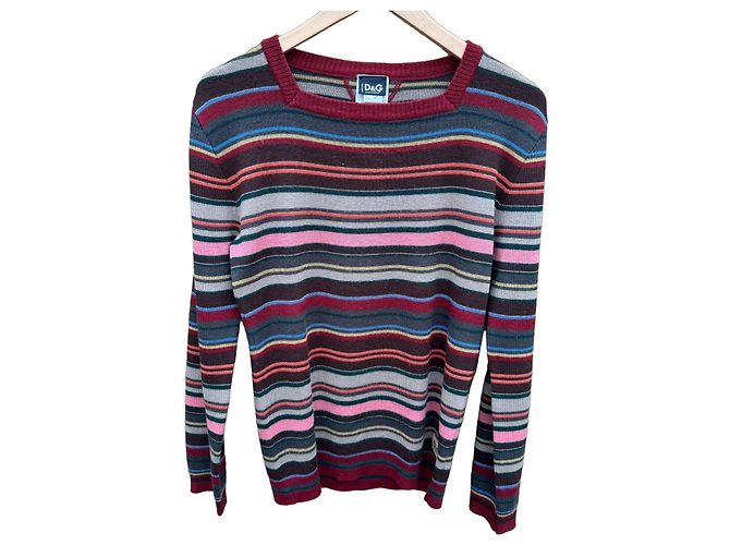 Dolce & Gabbana Multi-Stripe Wool Blend Crewneck Sweater Brown Pink Red Blue Grey Cream Yellow