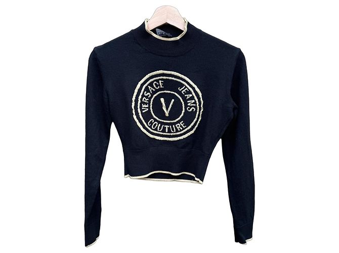 Suéter cropped de malha preto Versace Jeans Couture