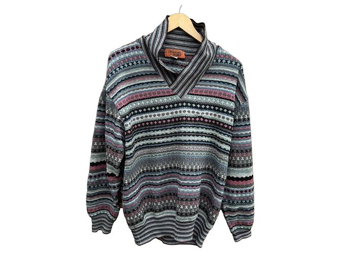 Missoni Uomo Mehrfarbiger Gestreifter Wollpullover Schwarz Pink Weiß Blau Grau