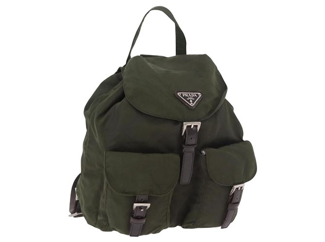 PRADA Backpack Nylon Khaki Silver Auth hk3832 Silvery