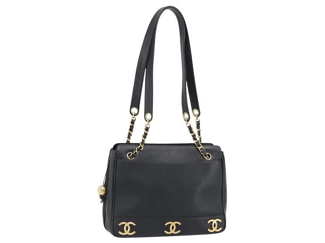 Borsa a tracolla CHANEL Triple Coco Chain Pelle Caviar Nera e Oro CC Auth 189110V Nero D'oro