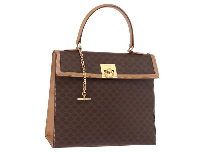 Céline Bolsa CELINE Macadam Canvas PVC Couro Marrom Ouro Auth bs35662 Dourado