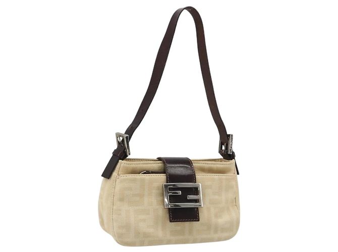 FENDI Zucca Canvas Mamma Baguette Borsa a Spalla Beige Argento Auth 187318A