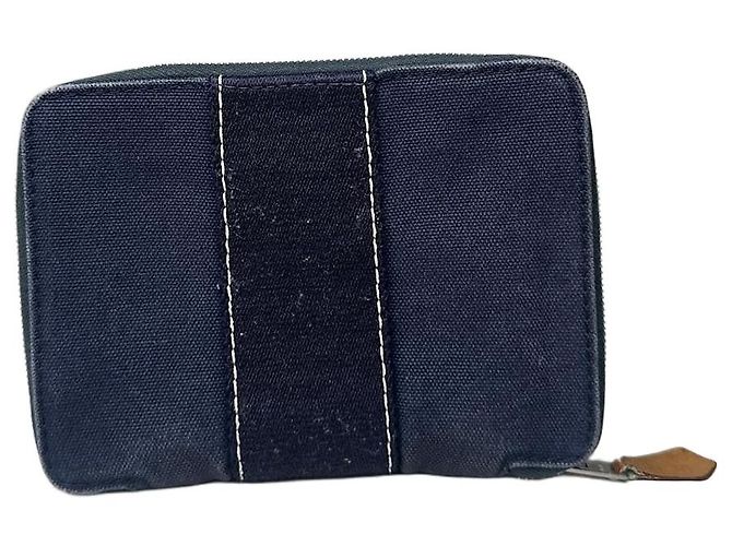 Hermès Vintage Hermes Canvas Zip Wallet Navy Blue Silver