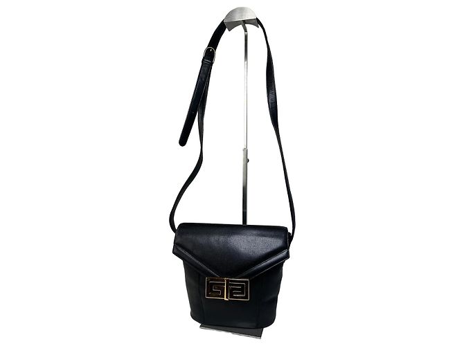 Vintage Givenchy Logo Embossed Leather Shoulder Bag Black Gold