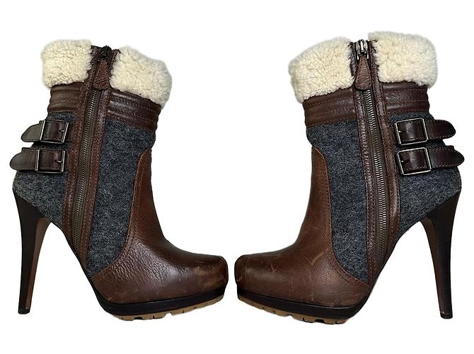 Autre Marque Vintage Etro Leather Wool Ankle Boots Brown Grey EU38