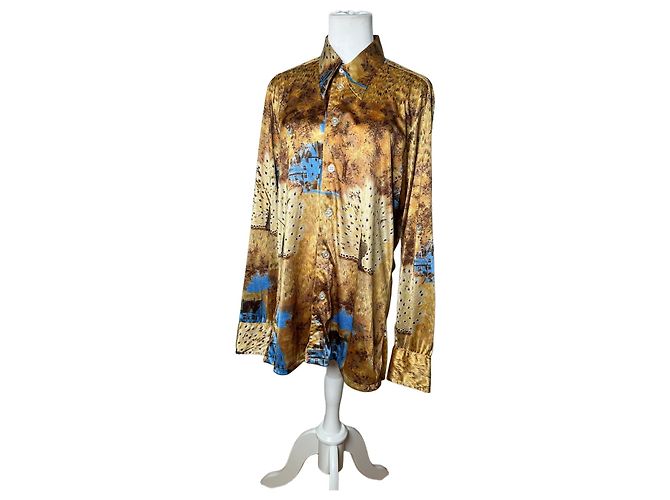 Vintage Givenchy Seidenhemd für Herren mit Print Häuser Bäume Gold Braun Blau L Golden