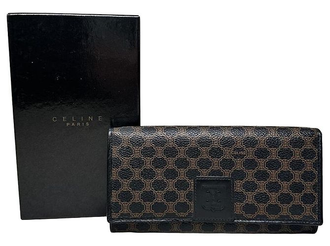 Triomphe Céline Vintage Celine Monogram Canvas Wallet Black Brown Gold