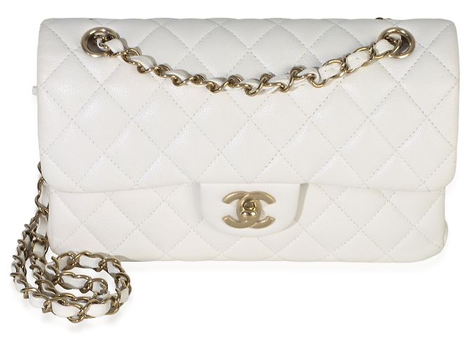 Timeless Chanel White Quilted Caviar Small Classic Double Flap Handbag