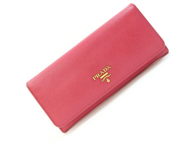 Saffiano Prada Bi-fold Long Wallet in Pink Leather Metallic