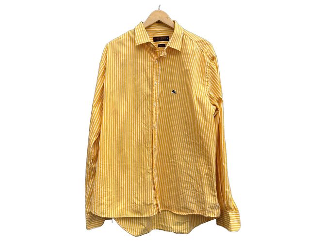 Etro Milano Camisa de Algodón a Rayas Slim Fit Blanco Amarillo