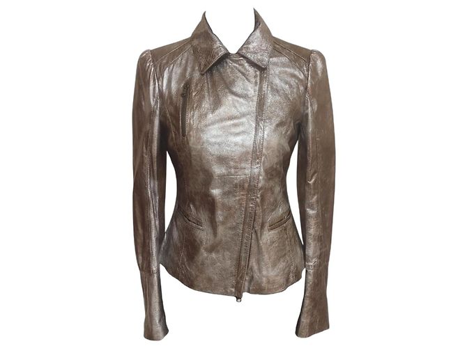 Pinko Metidrio Metallic Leather Jacket Brown Golden Bronze