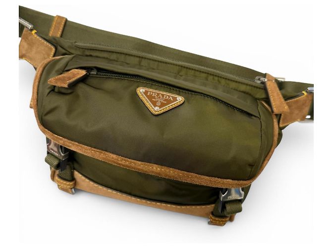 Prada Re-Nylon Suede Leather Triangle Logo Body Bag Brown Khaki