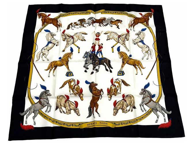 Hermès Sciarpa in seta Hermes Carre 90 En Piste Nero Bianco