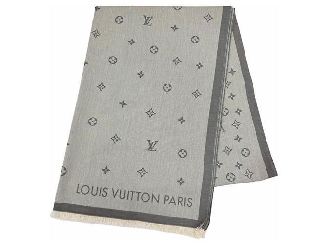 Stola Louis Vuitton in cotone grigio con frange Marrone