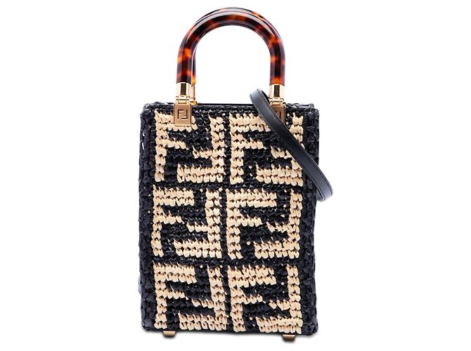 Fendi Mini Borsa Shopper Sunshine in Raffia Zucca Nero