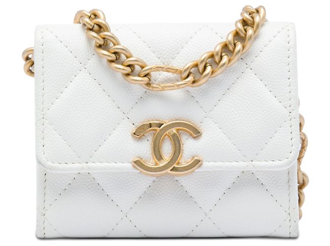 Tarjetero de caviar acolchado blanco con cadena Chanel