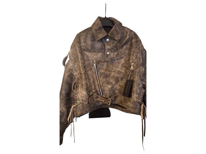 Autre Marque MANOKHI Cropped Leder-Bikerjacke Braun Grau