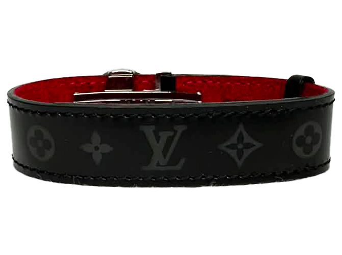 Pulsera reversible con bisagra Louis Vuitton Rouge Monogram Eclipse Canvas en cuero negro