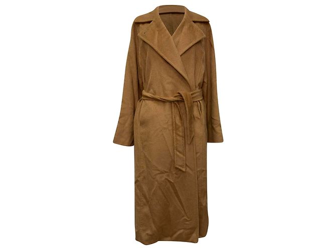 Max Mara Manuela Mantel mit Gürtel und fallendem Revers aus beigem Kamelhaar