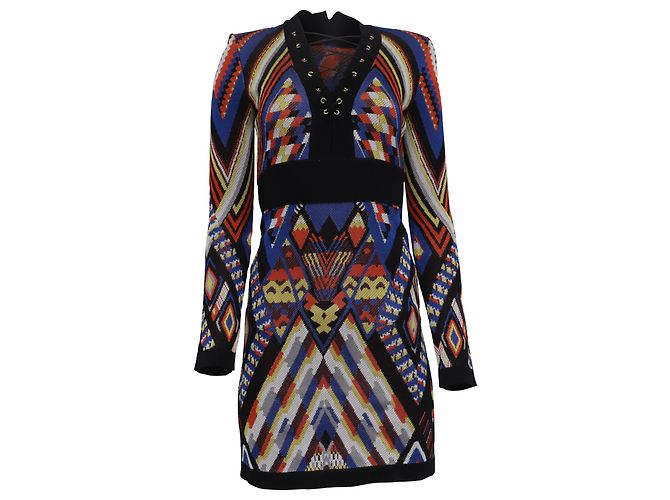 Mini abito Balmain con motivo tribale e lacci in viscosa multicolore