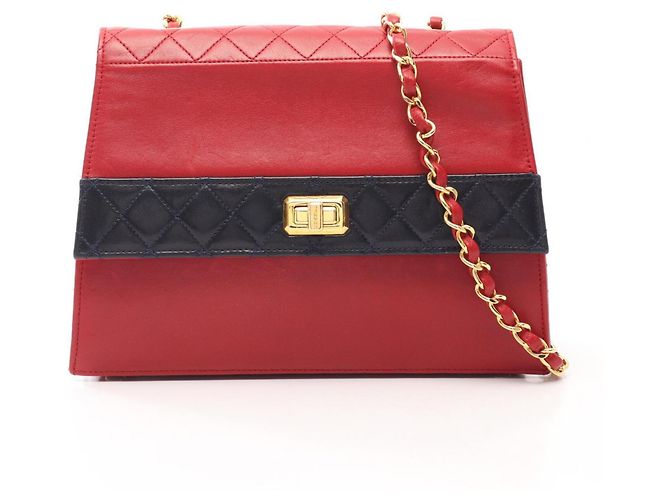 Borsa a Spalla Chanel Matelassé Bicolor Turnlock Rosso Blu navy