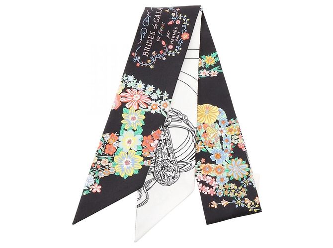 Hermès Hermes Twilly Brides de Gala en Fleurs Eyeliner Ribbon Scarf Nero Bianco Multicolore