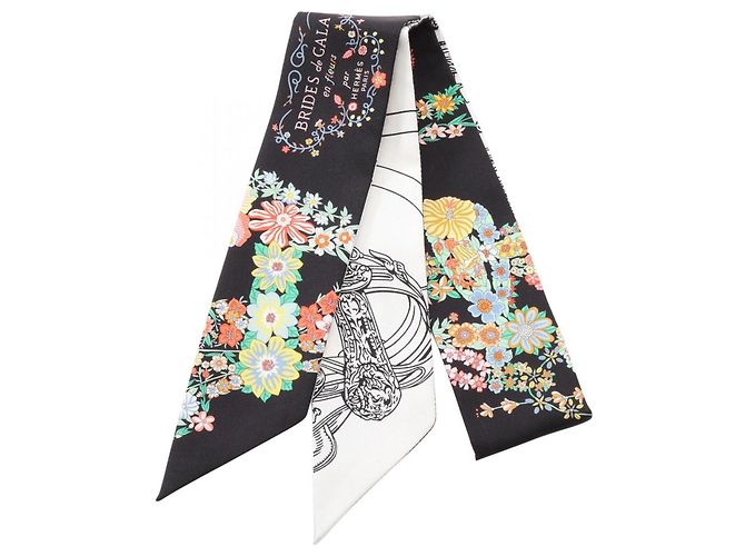 Silk In Hermès Lenço Twilly Hermes Brides de Gala en Fleurs Preto Branco Multicor