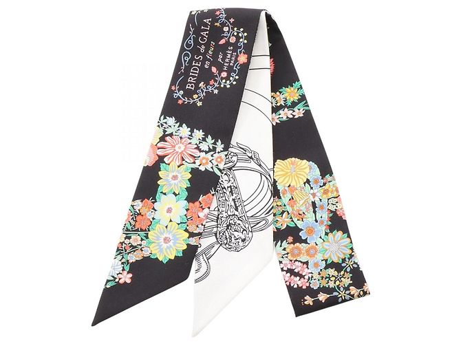 Hermès Hermes Twilly Brides de Gala en Fleurs Eyeliner Ribbon Scarf Nero Bianco Multicolore
