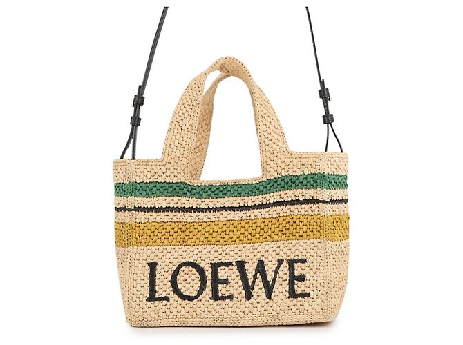 Borsa Loewe Font Tote Small in rafia e pelle Multicolore Beige