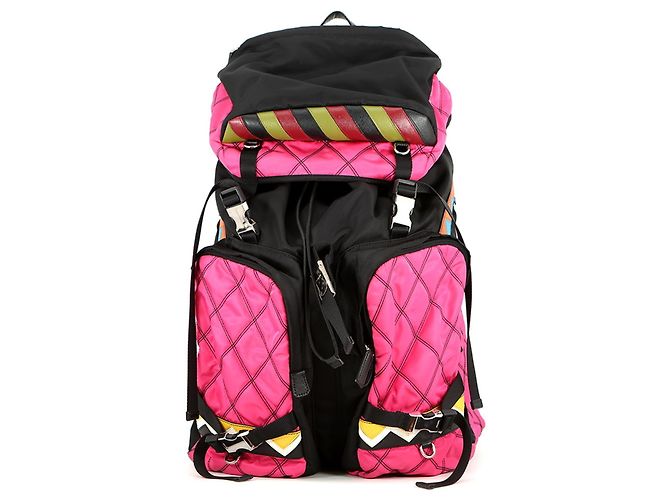 Prada 2VZ136 Nylon and Leather Backpack Black Multicolore Multiple colors