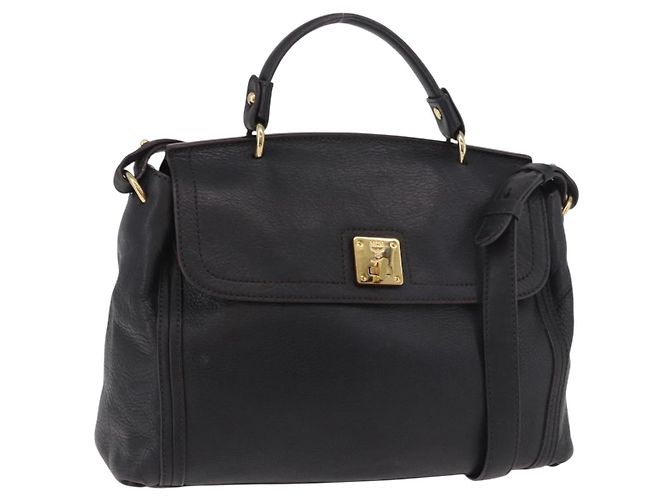 Bolsa MCM de Couro 2way Preta Dourada Auth ka4862 Preto Dourado