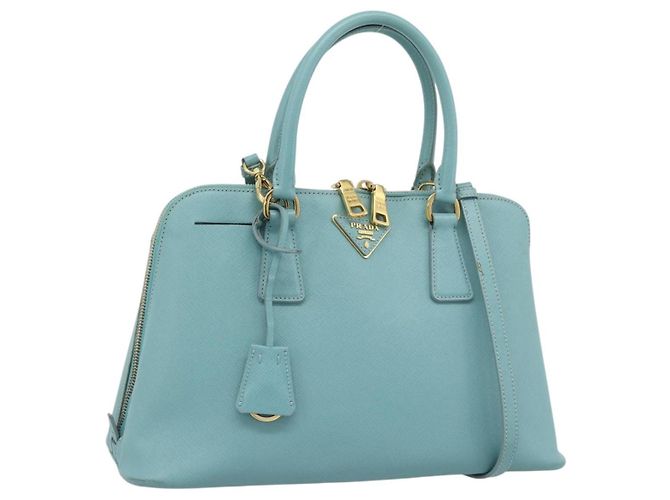Saffiano Bolsa PRADA em couro Safiano 2way Azul Turquesa Ouro Auth 187253V Dourado