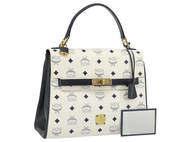 Bolsa MCM Vicetos Logogram PVC Couro Branco Ouro Auth 188231 Dourado